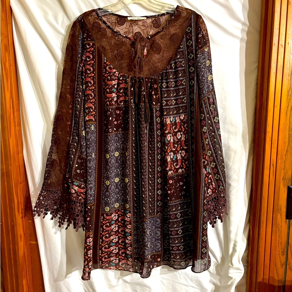 Bow & Arrow Boho peasant dress brown patchwork look, sheer lace, tassels. Large